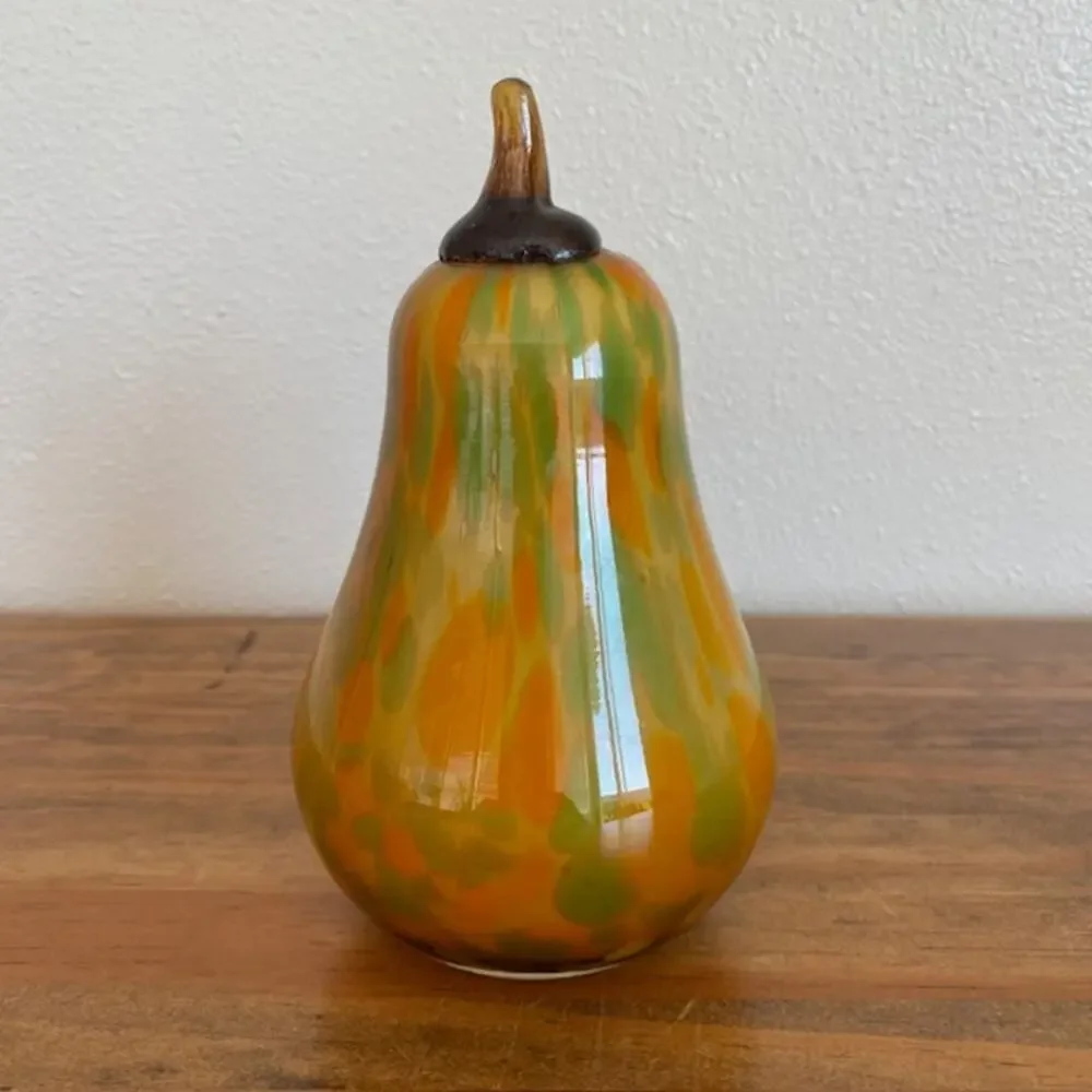 Murano Style Orange Yellow and Green Blown Glass Pear - Fall